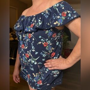 St. John's Bay Floral Off-Shoulder Blouse - Navy